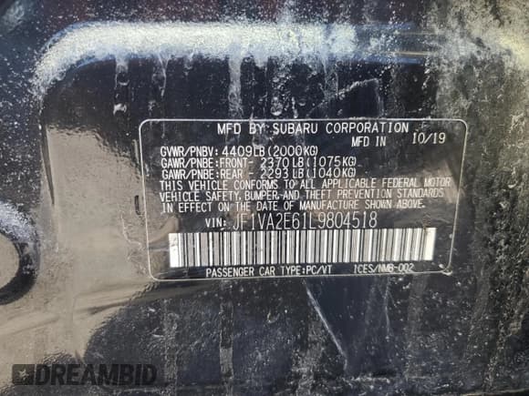 ✅ 2020 Subaru WRX STI • VIN: JF1VA2E61L9804518 • Lot: 69871235. Listed on Copart with 93,292 mi. Free auction sales archive from the USA and detailed vehicle history report at DreamBid. Image 12.