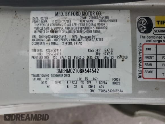 ✅ 2008 Mercury Milan Premier • VIN: 3MEHM02108R644542 • Lot: 70479275. Wystawiony na Copart z przebiegiem 128 004 mil. Bezpłatny archiwum sprzedaży aukcyjnych z USA i szczegółowy raport historii pojazdu na DreamBid. Zdjęcie 12.