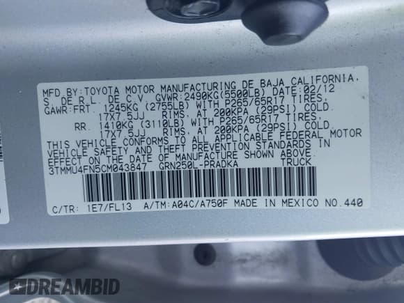 ✅ 2012 Toyota Tacoma • VIN: 3TMMU4FN5CM043847 • Lot: 43447652. Listed on IAAI with 119,376 mi. Free auction sales archive from the USA and detailed vehicle history report at DreamBid. Image 9.