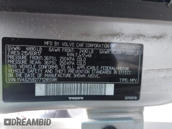 ✅ 2007 Volvo XC70 • VIN: YV4SZ592771285586 • Лот: 43791823. Опубликован ранее на IAAI с пробегом 137 425 миль. Бесплатный доступ к архиву аукционных продаж из США и подробный отчёт об истории автомобиля на DreamBid. Изображение 9.