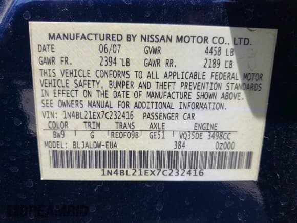 ✅ 2007 Nissan Altima SE • VIN: 1N4BL21EX7C232416 • Lot: 42575433. Listed on IAAI with 142,828 mi. Free auction sales archive from the USA and detailed vehicle history report at DreamBid. Image 9.