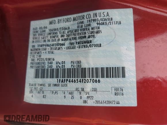 ✅ 2004 Ford Mustang Deluxe • VIN: 1FAFP44654F207066 • Lot: 54219185. Listed on Copart with 137,820 mi. Free auction sales archive from the USA and detailed vehicle history report at DreamBid. Image 13.