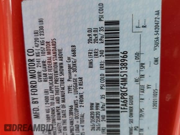 ✅ 2021 Ford Mustang GT Premium • VIN: 1FA6P8CF4M5138966 • Lot: 68619285. Wystawiony na Copart z przebiegiem 49 975 mil. Bezpłatny archiwum sprzedaży aukcyjnych z USA i szczegółowy raport historii pojazdu na DreamBid. Zdjęcie 12.