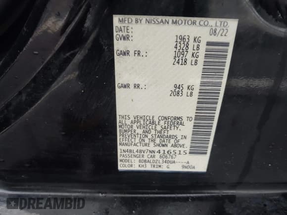 ✅ 2022 Nissan Altima S • VIN: 1N4BL4BV7NN416515 • Lot: 42974456. Listed on IAAI with 121,912 mi. Free auction sales archive from the USA and detailed vehicle history report at DreamBid. Image 9.