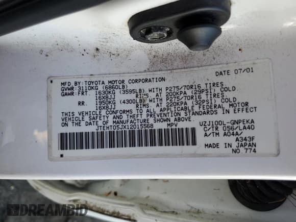 ✅ 2001 Toyota Land Cruiser • VIN: JTEHT05JX12015568 • Lot: 74849794. Wystawiony na Copart z przebiegiem 345 303 mil. Bezpłatny archiwum sprzedaży aukcyjnych z USA i szczegółowy raport historii pojazdu na DreamBid. Zdjęcie 14.