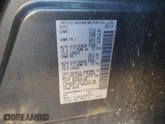 ✅ 2014 Nissan Pathfinder S • VIN: 5N1AR2MM4EC723354 • Lot: 81950565. Listed on Copart with 116,581 mi. Free auction sales archive from the USA and detailed vehicle history report at DreamBid. Image 14.