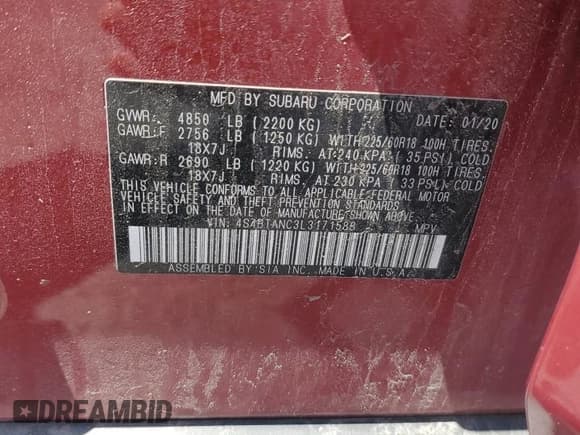 ✅ 2020 Subaru Outback Limited • VIN: 4S4BTANC3L3171588 • Lot: 61175355. Listed on Copart with 40,970 mi. Free auction sales archive from the USA and detailed vehicle history report at DreamBid. Image 12.