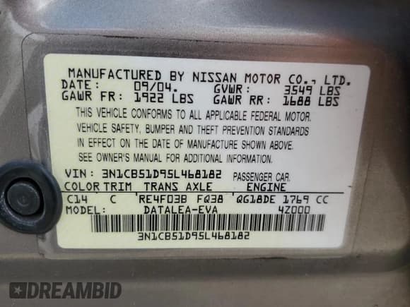 ✅ 2005 Nissan Sentra S • VIN: 3N1CB51D95L468182 • Lot: 62142385. Wystawiony na Copart z przebiegiem 41 573 mil. Bezpłatny archiwum sprzedaży aukcyjnych z USA i szczegółowy raport historii pojazdu na DreamBid. Zdjęcie 13.