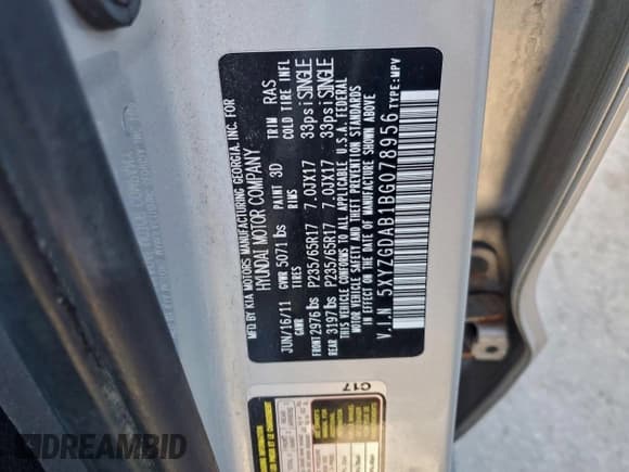 ✅ 2011 Hyundai Santa Fe GLS • VIN: 5XYZGDAB1BG078956 • Lot: 94913475. Wystawiony na Copart z przebiegiem 94 961 mil. Bezpłatny archiwum sprzedaży aukcyjnych z USA i szczegółowy raport historii pojazdu na DreamBid. Zdjęcie 13.