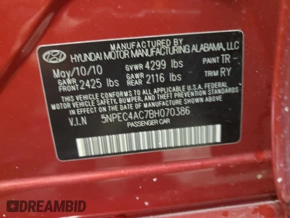 ✅ 2011 Hyundai Sonata SE • VIN: 5NPEC4AC7BH070386 • Lot: 75993074. Listed on Copart with 157,652 mi. Free auction sales archive from the USA and detailed vehicle history report at DreamBid. Image 12.