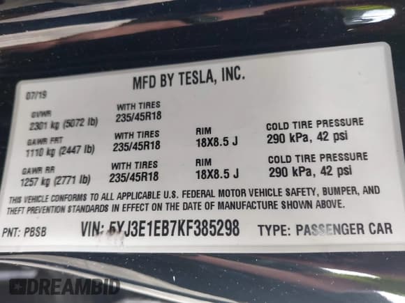 ✅ 2019 Tesla Model 3 Long Range • VIN: 5YJ3E1EB7KF385298 • Lot: 43322719. Listed on IAAI with 40,176 mi. Free auction sales archive from the USA and detailed vehicle history report at DreamBid. Image 9.