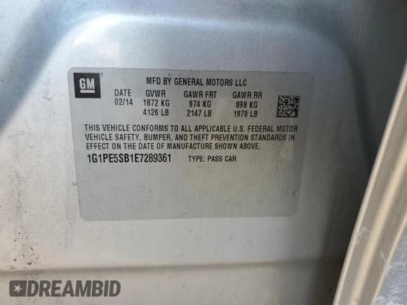 ✅ 2014 Chevrolet Cruze 2LT • VIN: 1G1PE5SB1E7289361 • Lot: 92228385. Listed on Copart with 174,272 mi. Free auction sales archive from the USA and detailed vehicle history report at DreamBid. Image 12.