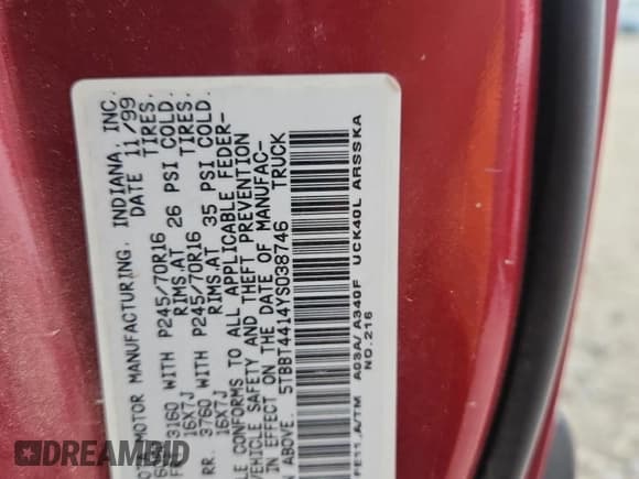 ✅ 2000 Toyota Tundra SR5 • VIN: 5TBBT4414YS038746 • Лот: 84984035. Опубликован ранее на Copart с пробегом 207 706 миль. Бесплатный доступ к архиву аукционных продаж из США и подробный отчёт об истории автомобиля на DreamBid. Изображение 12.