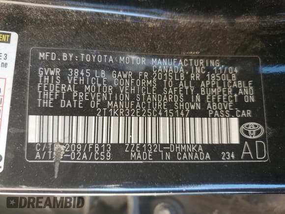 ✅ 2005 Toyota Matrix STD • VIN: 2T1KR32E25C415147 • Lot: 87226005. Wystawiony na Copart z przebiegiem 188 644 mil. Bezpłatny archiwum sprzedaży aukcyjnych z USA i szczegółowy raport historii pojazdu na DreamBid. Zdjęcie 12.