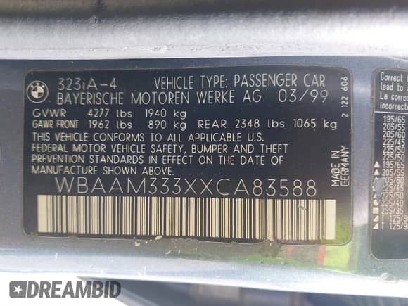 1999 BMW 3 Series 323i с VIN WBAAM333XXCA83588, выставлен на аукционе IAAI как лот 41813684 с пробегом Не указан миль и . История ставок и продаж доступна на DreamBid. Изображение 9.