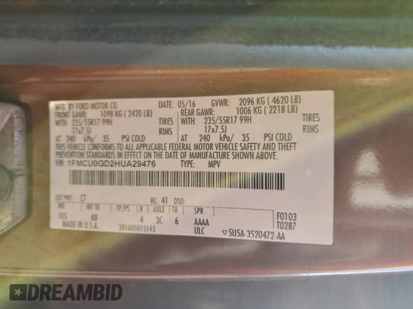 ✅ 2017 Ford Escape SE • VIN: 1FMCU0GD2HUA29476 • Лот: 93367295. Опубликован ранее на Copart с пробегом 155 947 миль. Бесплатный доступ к архиву аукционных продаж из США и подробный отчёт об истории автомобиля на DreamBid. Изображение 13.