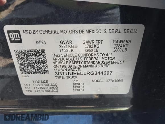 ✅ 2024 GMC Sierra 1500 AT4X • VIN: 3GTUUFEL1RG344697 • Лот: 41469366. Опубликован ранее на IAAI с пробегом 3 400 миль. Бесплатный доступ к архиву аукционных продаж из США и подробный отчёт об истории автомобиля на DreamBid. Изображение 9.