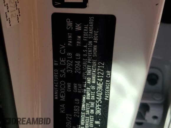 ✅ 2021 Kia Forte EX • VIN: 3KPF54AD9ME412712 • Lot: 68385435. Listed on Copart with Not provided. Free auction sales archive from the USA and detailed vehicle history report at DreamBid. Image 13.