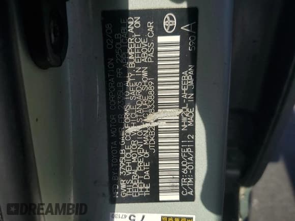 ✅ 2008 Toyota Prius • VIN: JTDKB20U983388891 • Lot: 60908735. Listed on Copart with 187,662 mi. Free auction sales archive from the USA and detailed vehicle history report at DreamBid. Image 12.