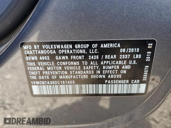✅ 2013 Volkswagen Passat SEL Premium • VIN: 1VWCN7A35DC151403 • Lot: 85506785. Listed on Copart with Not provided. Free auction sales archive from the USA and detailed vehicle history report at DreamBid. Image 12.