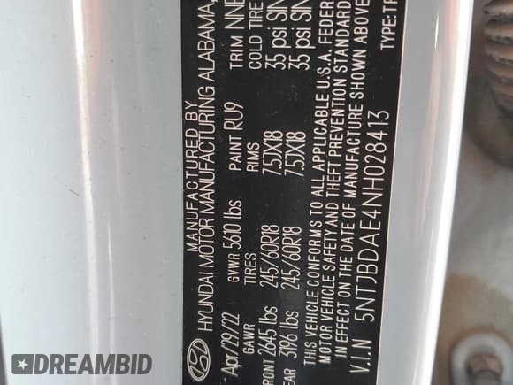 ✅ 2022 Hyundai Santa Cruz SEL • VIN: 5NTJBDAE4NH028413 • Lot: 90651505. Listed on Copart with 47,102 mi. Free auction sales archive from the USA and detailed vehicle history report at DreamBid. Image 12.