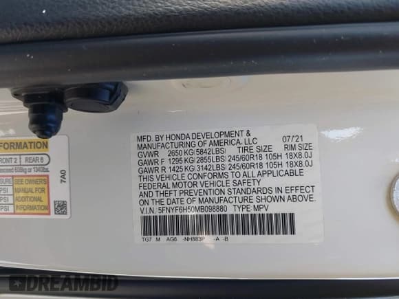 ✅ 2021 Honda Pilot EX-L • VIN: 5FNYF6H50MB098880 • Lot: 43245788. Listed on IAAI with Not provided. Free auction sales archive from the USA and detailed vehicle history report at DreamBid. Image 9.