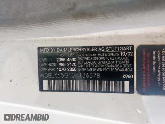 ✅ 2003 Mercedes-Benz CLK 320 • VIN: WDBLK65G13T136378 • Лот: 61800755. Опубликован ранее на Copart с пробегом 334 381 миль. Бесплатный доступ к архиву аукционных продаж из США и подробный отчёт об истории автомобиля на DreamBid. Изображение 12.