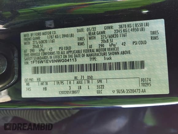 ✅ 2022 Ford F-150 Lightning Pro • VIN: 1FT6W1EV8NWG04113 • Лот: 41765532. Опубликован ранее на IAAI с пробегом 48 990 миль. Бесплатный доступ к архиву аукционных продаж из США и подробный отчёт об истории автомобиля на DreamBid. Изображение 9.