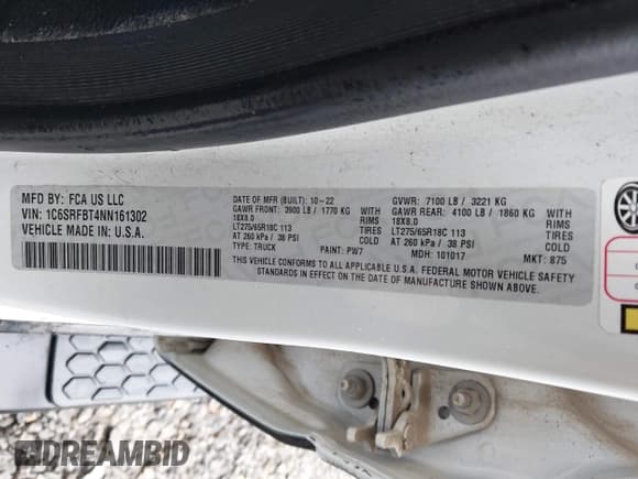 ✅ 2022 Ram 1500 Big Horn • VIN: 1C6SRFBT4NN161302 • Lot: 42290630. Listed on IAAI with 32,805 mi. Free auction sales archive from the USA and detailed vehicle history report at DreamBid. Image 9.