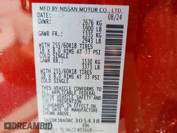 2024 Nissan Pathfinder SV with VIN 5N1DR3BA0RC305438, listed as a Copart auction lot 65257525 with 35,628 mi miles and Clean title. Bid and sale history available at DreamBid. Image 14.