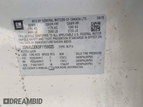 2015 Chevrolet Equinox LT z VIN 2GNALCEK3F1159025, wystawiony jako IAAI lot #43161481 z przebiegiem 144 942 mil mil oraz . Historia ofert i sprzedaży dostępna na DreamBid. Obrazek 9.