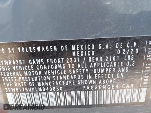 ✅ 2020 Volkswagen Jetta S • VIN: 3VW6T7BU0LM040880 • Лот: 43052661. Опубликован ранее на IAAI с пробегом 125 906 миль. Бесплатный доступ к архиву аукционных продаж из США и подробный отчёт об истории автомобиля на DreamBid. Изображение 9.