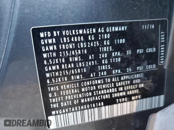 ✅ 2017 Volkswagen Tiguan S • VIN: WVGAV7AX3HK016148 • Lot: 85882155. Listed on Copart with 94,613 mi. Free auction sales archive from the USA and detailed vehicle history report at DreamBid. Image 14.