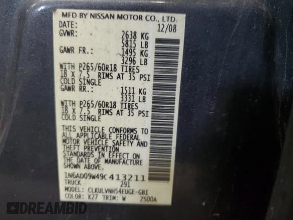 ✅ 2009 Nissan Frontier SE • VIN: 1N6AD09W49C413211 • Lot: 57777185. Listed on Copart with 210,839 mi. Free auction sales archive from the USA and detailed vehicle history report at DreamBid. Image 12.