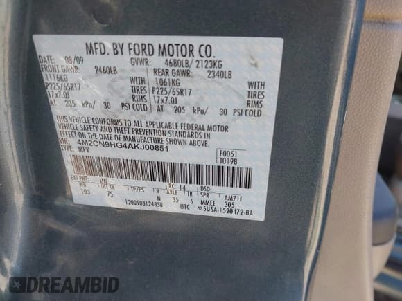 ✅ 2010 Mercury Mariner Premier • VIN: 4M2CN9HG4AKJ00851 • Lot: 41806070. Listed on IAAI with 186,635 mi. Free auction sales archive from the USA and detailed vehicle history report at DreamBid. Image 9.