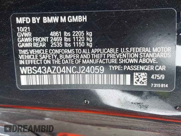 ✅ 2022 BMW M4 Competition xDrive • VIN: WBS43AZ04NCJ24059 • Лот: 42182813. Опубликован ранее на IAAI с пробегом 27 682 миль. Бесплатный доступ к архиву аукционных продаж из США и подробный отчёт об истории автомобиля на DreamBid. Изображение 9.