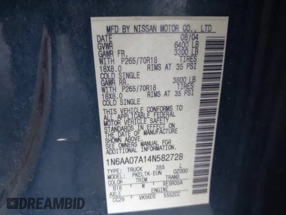 ✅ 2004 Nissan Titan XE • VIN: 1N6AA07A14N582728 • Lot: 42032653. Listed on IAAI with 117,601 mi. Free auction sales archive from the USA and detailed vehicle history report at DreamBid. Image 9.