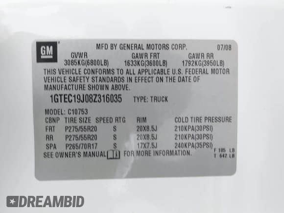 ✅ 2008 GMC Sierra 1500 SLE1 • VIN: 1GTEC19J08Z316035 • Lot: 43740954. Listed on IAAI with Not provided. Free auction sales archive from the USA and detailed vehicle history report at DreamBid. Image 9.