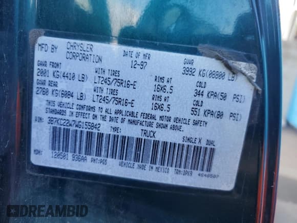 ✅ 1998 Dodge RAM • VIN: 3B7KC22W7WG155842 • Lot: 92697315. Listed on Copart with 192,933 mi. Free auction sales archive from the USA and detailed vehicle history report at DreamBid. Image 12.