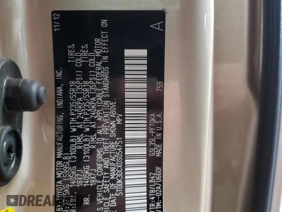 ✅ 2013 Toyota Sienna XLE • VIN: 5TDDK3DCXDS054751 • Lot: 54004715. Listed on Copart with 72,627 mi. Free auction sales archive from the USA and detailed vehicle history report at DreamBid. Image 13.