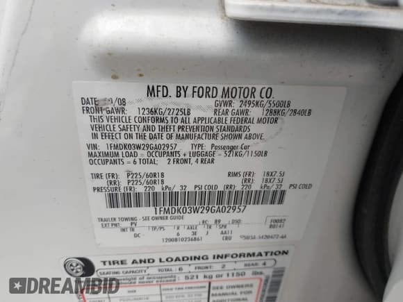 ✅ 2009 Ford Taurus X Limited • VIN: 1FMDK03W29GA02957 • Lot: 42370198. Listed on IAAI with 196,068 mi. Free auction sales archive from the USA and detailed vehicle history report at DreamBid. Image 9.