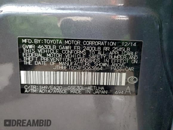 ✅ 2015 Lexus IS 250 • VIN: JTHBF1D24F5063864 • Lot: 94139115. Listed on Copart with 91,674 mi. Free auction sales archive from the USA and detailed vehicle history report at DreamBid. Image 12.