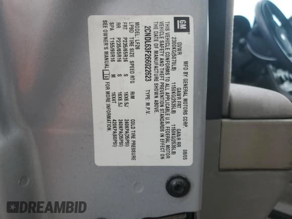 ✅ 2006 Chevrolet Equinox LT • VIN: 2CNDL63F266022623 • Лот: 60359195. Опубликован ранее на Copart с пробегом 90 133 миль. Бесплатный доступ к архиву аукционных продаж из США и подробный отчёт об истории автомобиля на DreamBid. Изображение 13.