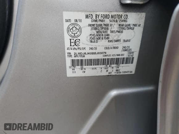 ✅ 2011 Lincoln MKX • VIN: 2LMDJ8JK0BBJ03076 • Lot: 89577205. Listed on Copart with 295,957 mi. Free auction sales archive from the USA and detailed vehicle history report at DreamBid. Image 13.