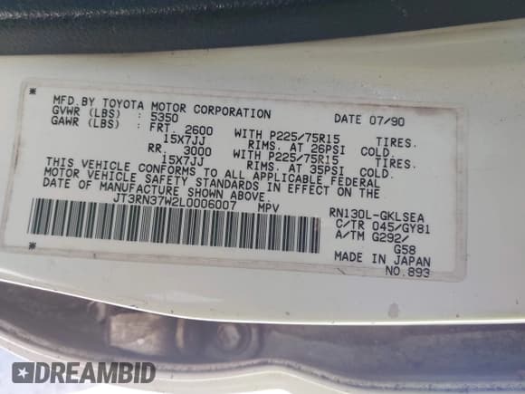 ✅ 1990 Toyota 4Runner • VIN: JT3RN37W2L0006007 • Lot: 42366826. Listed on IAAI with 344,675 mi. Free auction sales archive from the USA and detailed vehicle history report at DreamBid. Image 9.