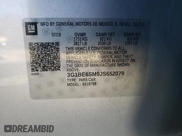 ✅ 2018 Chevrolet Cruze LT • VIN: 3G1BE6SM9JS652079 • Lot: 46749163. Listed on Copart with 88,068 mi. Free auction sales archive from the USA and detailed vehicle history report at DreamBid. Image 14.