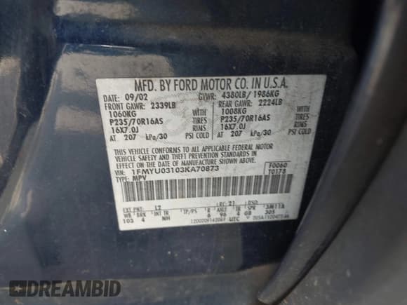 ✅ 2003 Ford Escape XLT Popular • VIN: 1FMYU03103KA70873 • Lot: 43625067. Listed on IAAI with 221,621 mi. Free auction sales archive from the USA and detailed vehicle history report at DreamBid. Image 9.