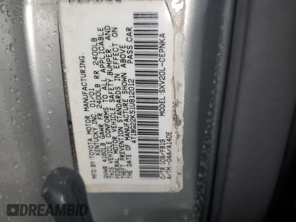 ✅ 2001 Toyota Camry LE • VIN: 4T1BG22K51U812012 • Lot: 85542995. Listed on Copart with Not provided. Free auction sales archive from the USA and detailed vehicle history report at DreamBid. Image 12.