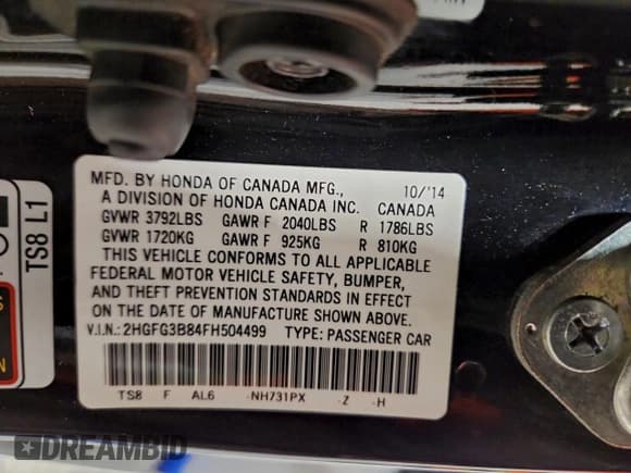 ✅ 2015 Honda Civic EX • VIN: 2HGFG3B84FH504499 • Lot: 94285795. Listed on Copart with 177,909 mi. Free auction sales archive from the USA and detailed vehicle history report at DreamBid. Image 12.