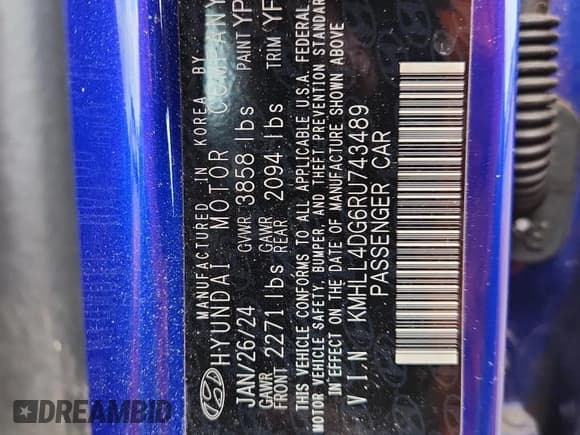 ✅ 2024 Hyundai Elantra SE • VIN: KMHLL4DG6RU743489 • Lot: 82357585. Listed on Copart with 19,166 mi. Free auction sales archive from the USA and detailed vehicle history report at DreamBid. Image 12.